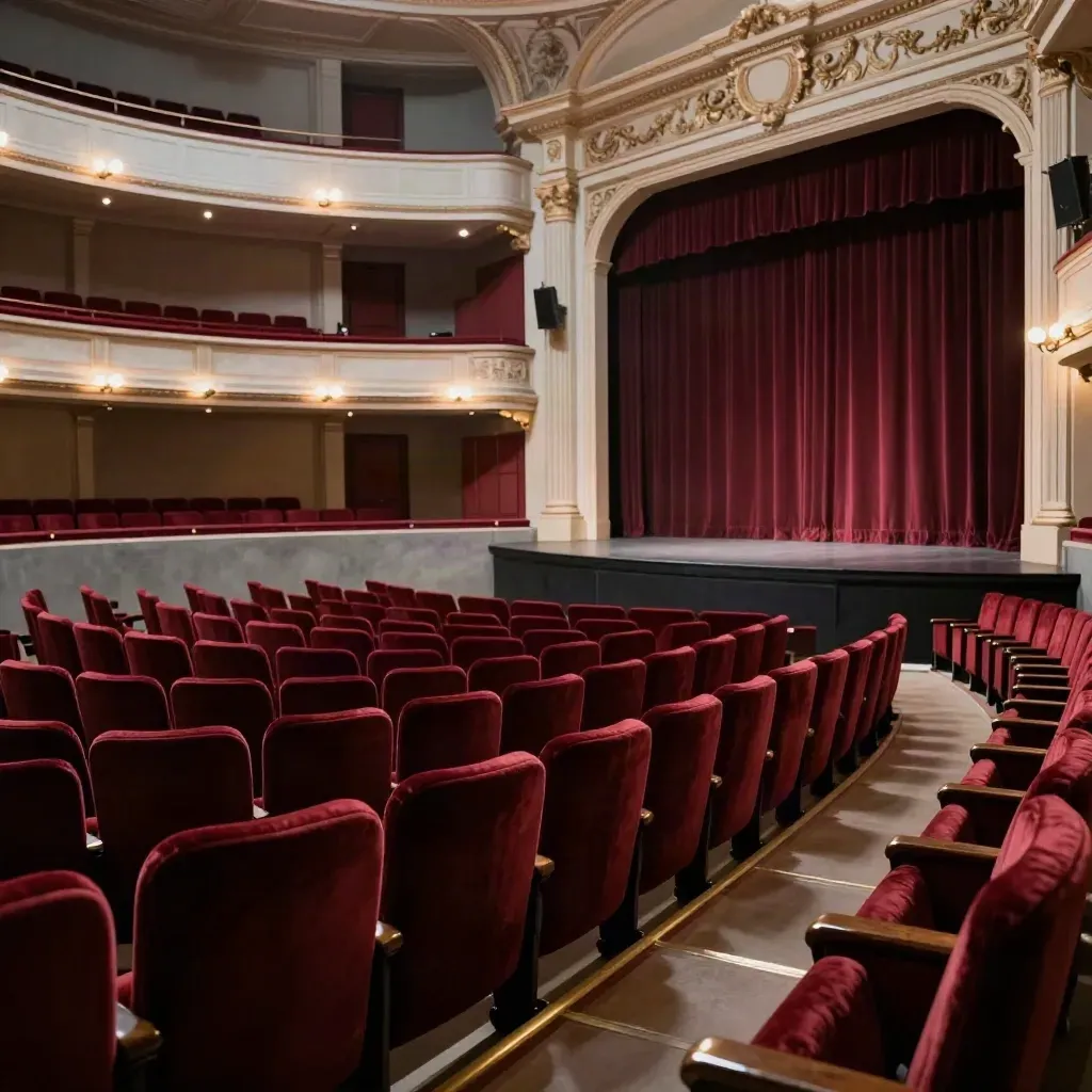 Sala di teatro romana con poltrone rosse, luci calde e sipario socchiuso.