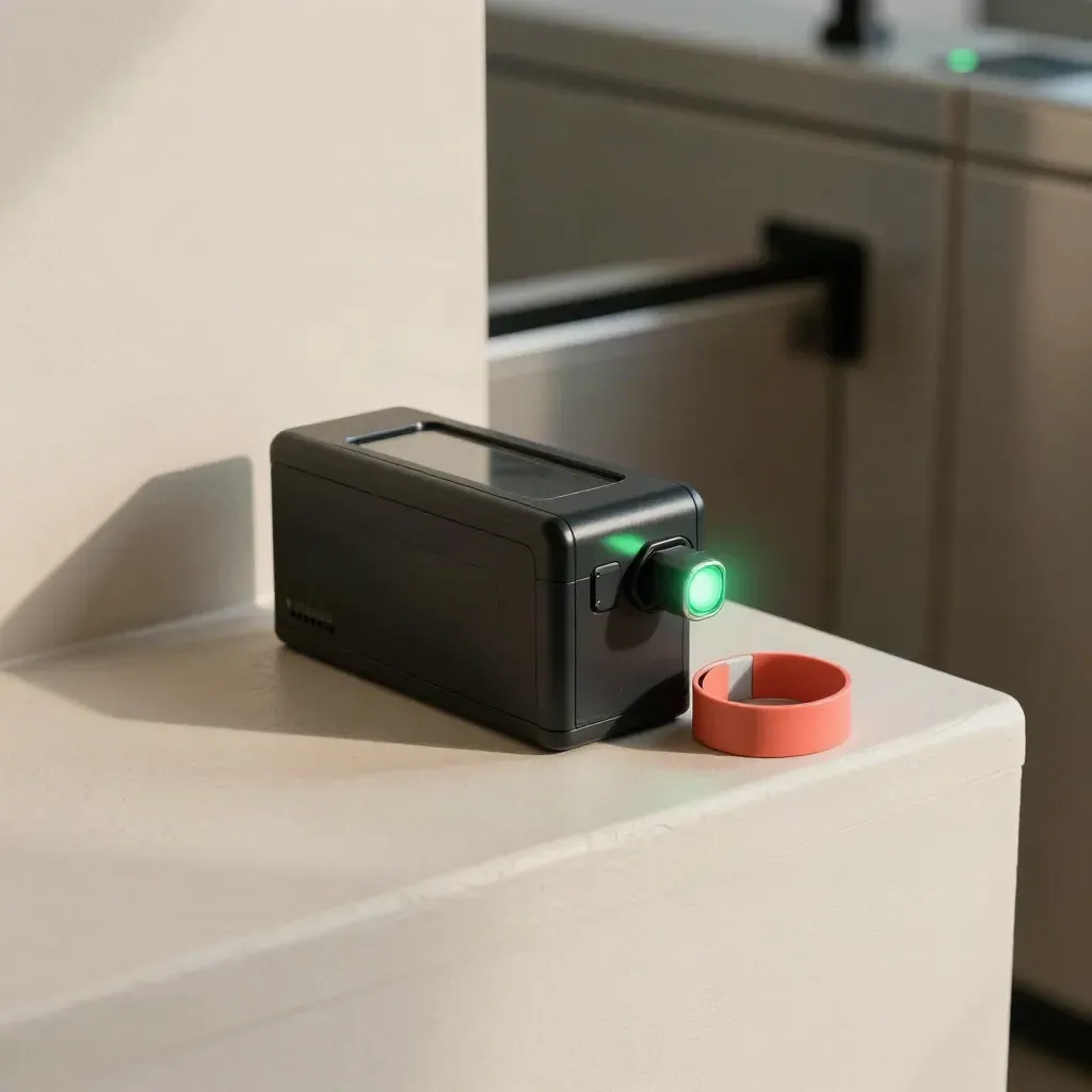 Scanner d’ingresso, braccialetto piegato e chiusura tornello illuminata su fondo chiaro.
